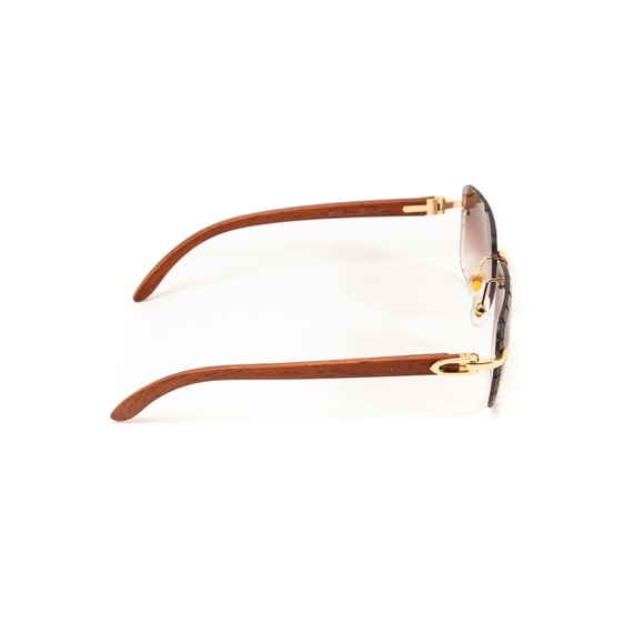 Woodgrain Burgundy Tint Rimless Gold Frame Mens Gem Cut Retro Fashion Sunglasses - Picture 4 of 5